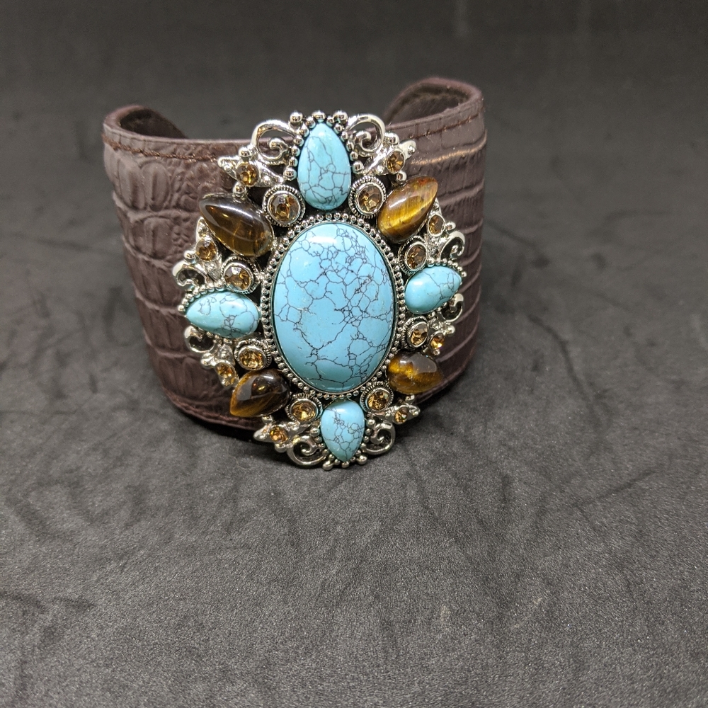 Faux Turquoise, Leather band Cuff Bracelet